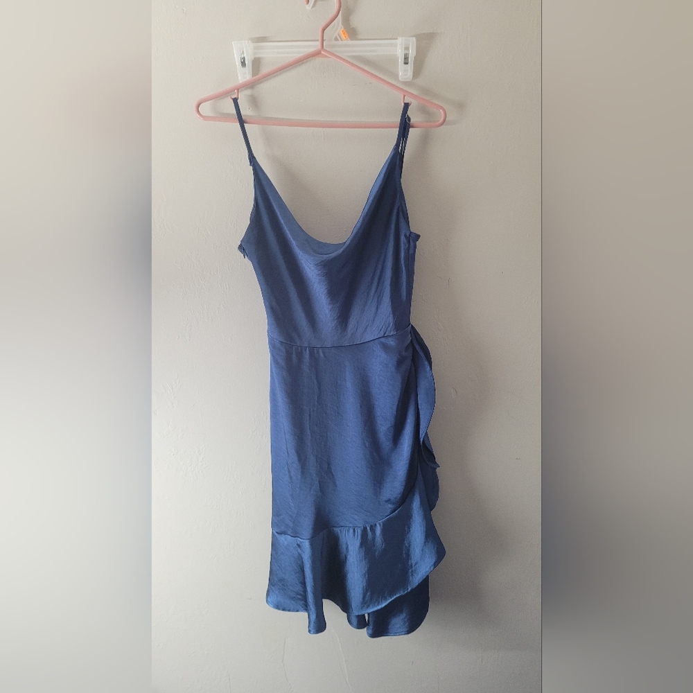 Chelsea satin blue prom wedding party dress ruffled spaghetti strap silky
